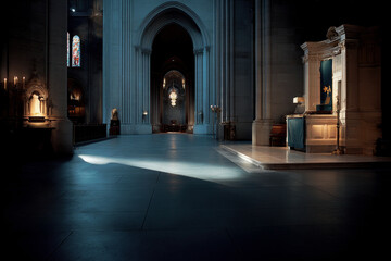Light beam illuminating empty cathedral interior