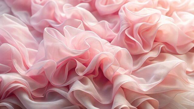 Delicate pink ruffles on light silk organza fabric creating a soft romantic look for wedding decorations or special occasion textiles, romantic look, wedding decorations
