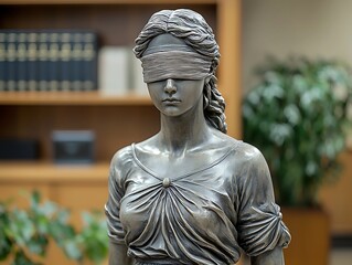 close-up view of a statue of Lady Justice in a law firm office room table. AI generated