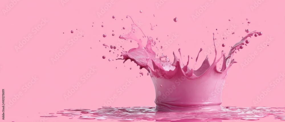 Poster dynamic pink liquid splash in a clean studio setting creating abstract forms and textures on a pink 