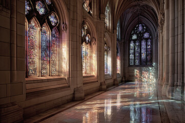 Obraz premium Sunlight shining through stained glass windows in cathedral