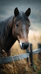 Obraz premium Horse standing near wooden fence in golden grass landscape during overcast day in autumn