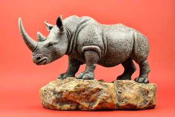 Fototapeta premium Gray rhinoceros sculpture positioned on a rocky outcrop.