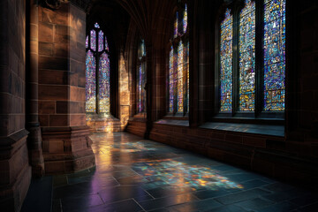 Sunlight shining through stained glass windows in church