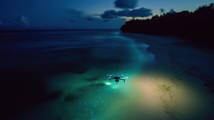 Night Drone Photography: Serene Coastal Scene with Bioluminescent Waters