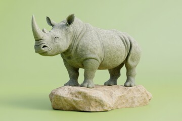 Fototapeta premium Gray rhinoceros sculpture positioned on a rock formation.