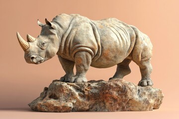 Fototapeta premium Detailed sculpted rhinoceros figurine on a rocky outcrop.