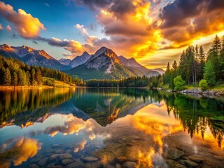 Obraz premium Serene Mountain Lake Sunset: Candid Golden Hour Photography