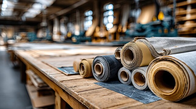 Rich brown leather rolls are arranged on a workshop table within a spacious factory, highlighting the craftsmanship and design