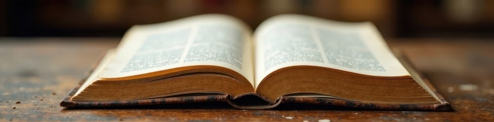 Fototapeta premium Vintage book pages with torn edges on wooden desk, worn, pages