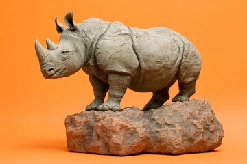 Fototapeta premium Detailed sculpted rhinoceros figurine atop a rocky outcrop.