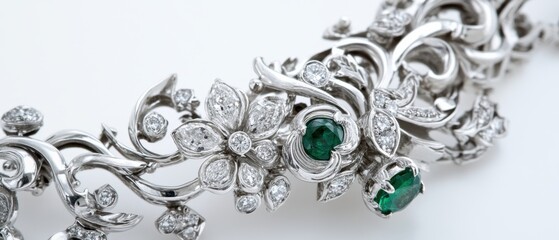 Obraz premium Exquisite Silver Necklace Adorned with Sparkling Diamonds and Vivid Emeralds on a Clean White Background Delicate Jewelry