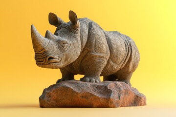 Fototapeta premium Detailed digital sculpture of a rhinoceros on a rocky outcrop.