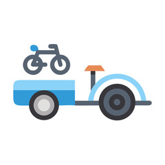 Blue trailer and bicycle icon on black background, recreation and vehicle concept
