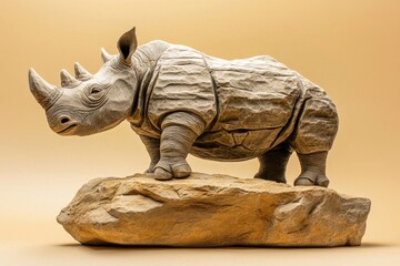 Fototapeta premium Detailed carved rhinoceros sculpture atop a stone outcrop.