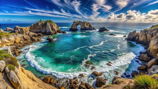 Panoramic shot of vast, open ocean with endless blue waters and gentle sea foam, framed by a dramatic rocky shoreline with sea arches and boulders, beach scenery, scenic views