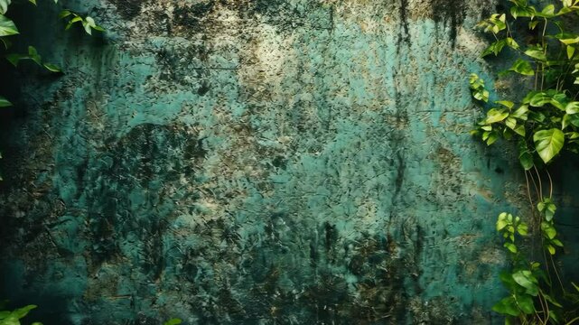 Textured teal wall background adorned with greenery vines and foliage outdoors