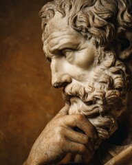 Naklejka premium Thoughtful marble sculpture of a bearded man with hand on chin in deep contemplation ancient art history and artistic expression