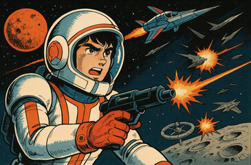 Manga-style illustrations of young astronauts exploring outer space, planets, and galaxies in colorful, retro-futuristic scenes full of adventure, action, and imagination