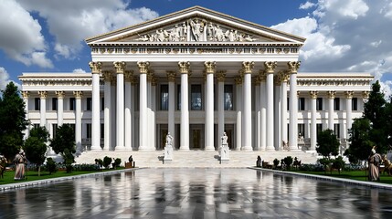 Grand Classical Architecture Featuring Columns and Statues with Cloudy Sky Reflection