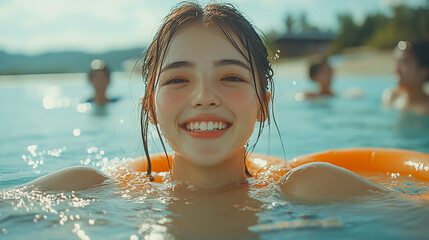 Happy young woman smiling in water, floating on inflatable ring, enjoying summer vacation.