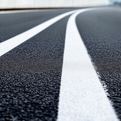 Close-up view of a freshly painted road with clear lane markings and smooth asphalt texture, perfect for travel themes.