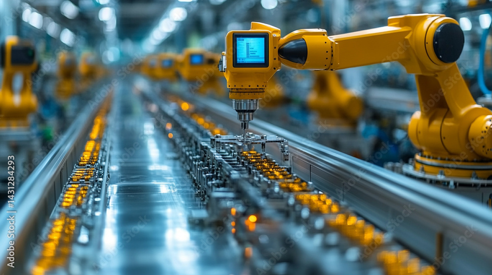 Poster automated robotic arm assembling parts on a factory production line.