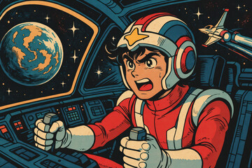Manga-style illustrations of young astronauts exploring outer space, planets, and galaxies in colorful, retro-futuristic scenes full of adventure, action, and imagination