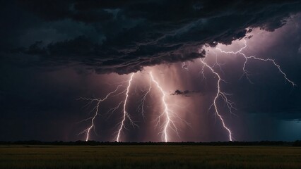 Piercing lightning bolts illuminate the dark sky, creating electrifying contrasts against the deep shadows