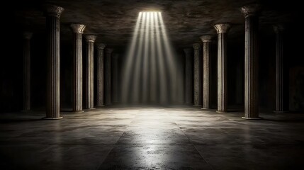 Fototapeta premium Dark Ancient Hall with Pillars and Sunlight Beams Illuminating the Stone Floor