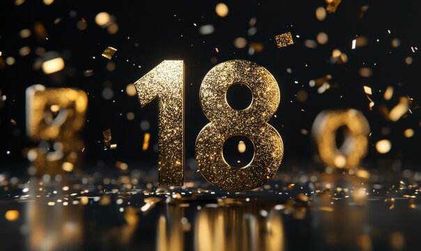 Sparkling Gold 18 Celebration with Confetti in a Dark Background