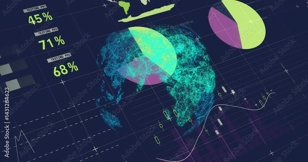 Poster 3d wireframe globe rotating at center, showing lime green, purple pie chart overlay and widgets