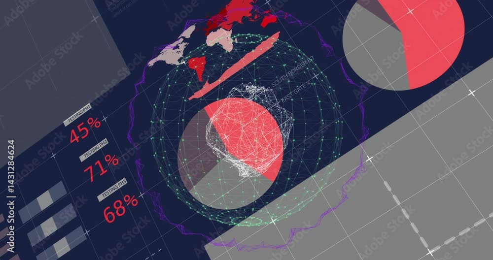 Poster wireframe network globe rotating in dark hi-tech interface, showing purple waveform, map, pie chart