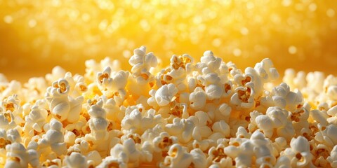 Freshly popped popcorn sits invitingly on a bright yellow background, perfect for snacking during movie nights or special gatherings