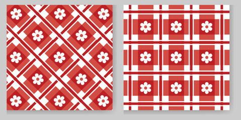  A seamless red and white gingham pattern featuring white floral accents in each square, ideal for textile prints, background designs, scrapbooking, or spring-themed decor.