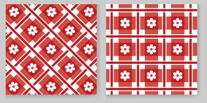  A seamless red and white gingham pattern featuring white floral accents in each square, ideal for textile prints, background designs, scrapbooking, or spring-themed decor.