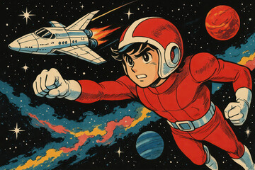 Manga-style illustrations of young astronauts exploring outer space, planets, and galaxies in colorful, retro-futuristic scenes full of adventure, action, and imagination