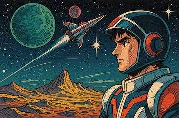 Manga-style illustrations of young astronauts exploring outer space, planets, and galaxies in colorful, retro-futuristic scenes full of adventure, action, and imagination