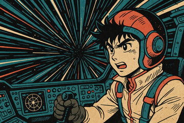 Manga-style illustrations of young astronauts exploring outer space, planets, and galaxies in colorful, retro-futuristic scenes full of adventure, action, and imagination