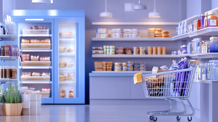 Shopping experience in a modern grocery store with fresh produce and household items bright and organized environment