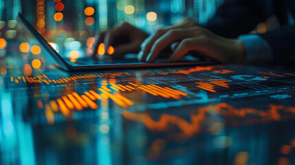 Businessman working on laptop with holographic financial data overlay on a table at night.