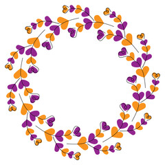 Hand drawn heart shape twigs on colorful hearts Halloween shades Circular Frame Copy space Template