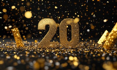 Shimmering Gold 20 Decorations with Glitter and Confetti on Black