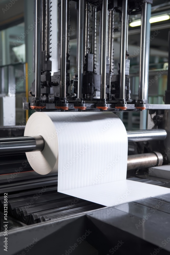 Poster automated industrial machine processing paper roll in factory for manufacturing and production with 