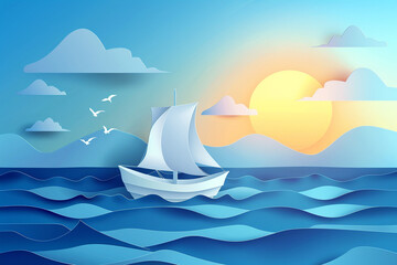 A paper-cut style illustration of a sailboat sailing on the ocean under a sunny sky with clouds.
