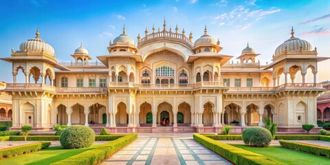 Obraz premium Majestic Indian palace with pastel colors and intricate arches in a serene garden, pastel colors, ornate, pastel colors