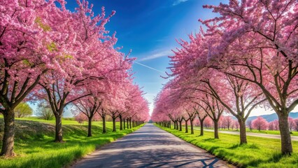 A serene scenic road lined with vibrant pink and white blooming cherry blossom trees against a clear blue sky on a warm sunny day in spring, blooming flowers, cherry blossoms