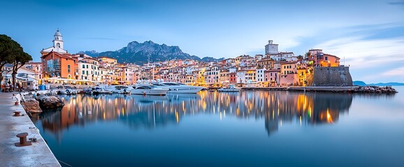 Scenic coastal town at dusk with colorful buildings reflecting in water. Boats docked, mountains in background