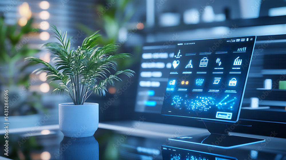 Poster digital user interface showcase modern office technology presentation indoor environment close-up vi