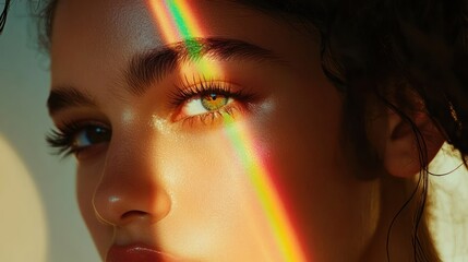 Radiant woman's face, illuminated by a vibrant spectrum.